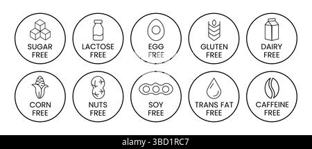 Symbole zum Freisetzen von Allergenen. Allergenfreie Produkte. Warnsymbole für Produkte. Lactose, Gluten, Zucker, Mais, Ei, Transfett, Soja, Nüsse frei, Koffein-Zeichen. Stock Vektor