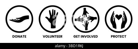 Paket Mit Symbolen Für Wohltätigkeitsorganisationen. Satz einfacher Linien in schwarzen Kreisen, die wichtige gemeinnützige Aktionen darstellen: Spenden von Geld oder Gegenständen, ehrenamtliche Arbeit. Stock Vektor