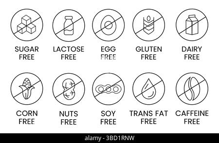 Symbole zum Freisetzen von Allergenen. Allergenfreie Produkte. Warnsymbole für Produkte. Lactose, Gluten, Zucker, Mais, Ei, Transfett, Soja, Nüsse frei, Koffein-Zeichen. Stock Vektor