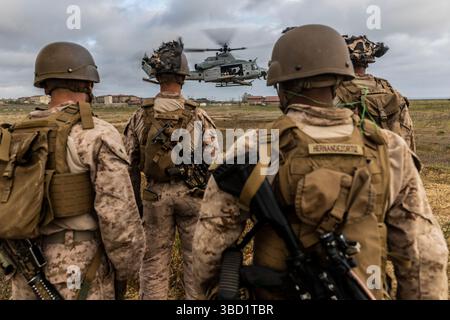 US-Marines mit 3. Bataillon, 1. Marines, 1. Marine-Division, bereiten sich darauf vor, einen simulierten Unfall von einem UH-1Y Gift zu entladen, das an Marine Light befestigt ist Stockfoto