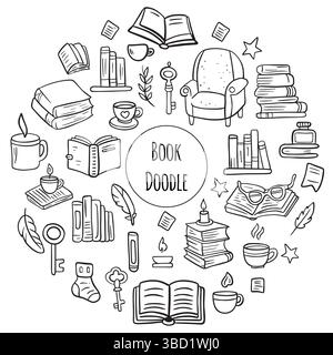 Skizzen von offenen und geschlossenen Büchern, Stapel von Lehrbüchern, Wörterbüchern oder Romanen mit leeren Umschlägen. Kritzele Zeichentrickbücher Stock Vektor