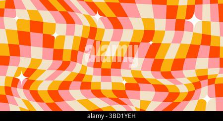 Trippy groovy Checker Vektor Hintergrund. Gewellter, abstrakter Hintergrund mit Schachbrettmuster im Retro-Look. Gekrümmtes, verzerrtes geometrisches Muster. Rosa, Rot, Gelb und Stock Vektor