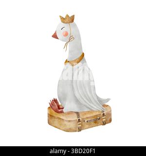 Aquarellmädchen Gans sitzt auf einem Vintage-Koffer in einem Partyhut. Illustration Hand auf Hintergrund im Kinderstil für Design gezeichnet Stockfoto