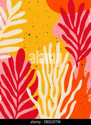 Vertikales Poster mit abstrakten handgezeichneten Palmblättern, tropischen Pflanzen. Mit Blumenmotiv im Matisse-Stil. Moderne Wandkunst, Plakate Stock Vektor