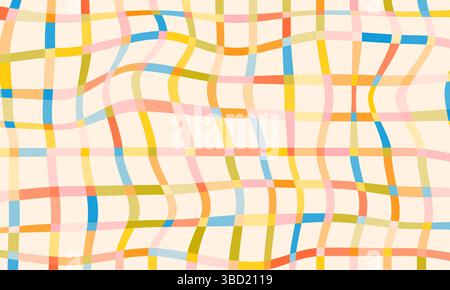 Lustige bunte gekreuzte Linien Gittervektor Hintergrund. Abstrakte geometrische Kulisse im kindlichen Doodle-Stil. Retro-Regenbogendesign. Festlich verspielt Stock Vektor