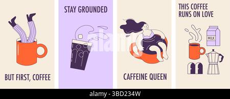 Handgezeichnete Plakate mit Kaffeezitieren mit niedlichen Zeichentrickfiguren Stock Vektor