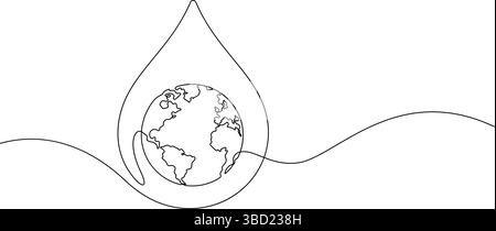Save World SAVE Water Konzept, Planet Erde in Tropfenform natürliche Ökologie Erhaltung eine Linie kontinuierliche Zeichnung Minimalismus handgezeichnet dekorativ Stock Vektor