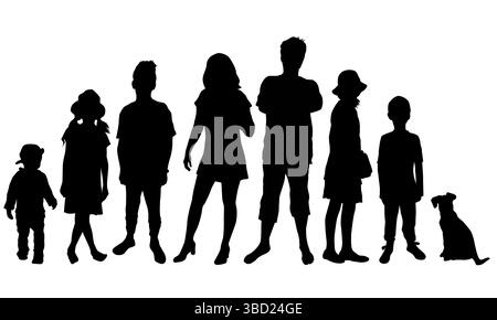 Silhouette einer großen Familie oder Gruppe mit Kindern und Hund Stock Vektor