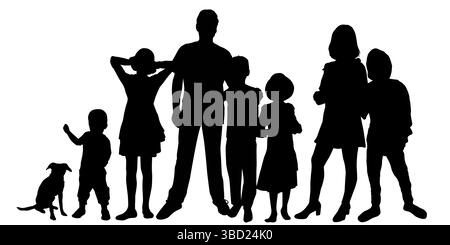 Silhouette einer großen Familie oder Gruppe mit Kindern und Hund Stock Vektor