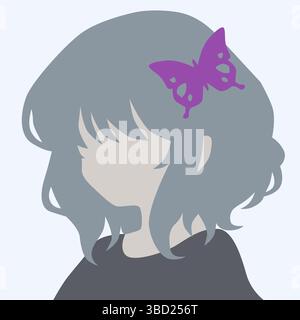 Minimalistisches Porträt eines Mädchens mit blauem Haar und Schmetterlingszubehör minimalistisches Porträt eines Mädchens mit schönen Haaren Stock Vektor