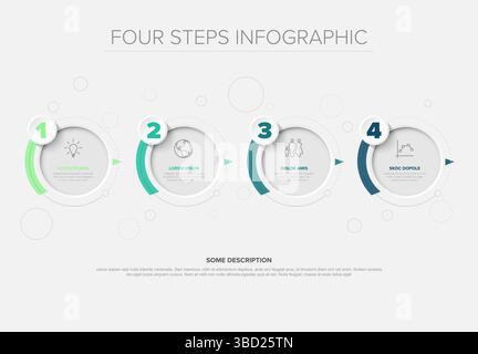 Diese moderne Infografik stellt visuell einen vierstufigen Prozess dar. Diese Infografik zum Prozess verwendet nummerierte Kreise und Symbole, um diese vier Schritte anzuzeigen Stock Vektor