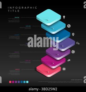 Diese übersichtliche, moderne Infografik-Vorlage verfügt über farbenfrohe, gestapelte 3D-Schichten, die sich perfekt für die schrittweise Darstellung von Geschäftsdaten eignen. Verwenden Sie diese stilvolle Infografik Stock Vektor