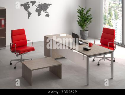 3D-Rendering Innenraum Büroraum. Schreibtisch und Bürostühle. Stockfoto