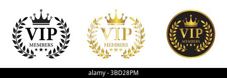 VIP-Mitglieds-Krone-Symbol-Set mit Lorbeerkranz-Design auf weißem Hintergrund Stock Vektor