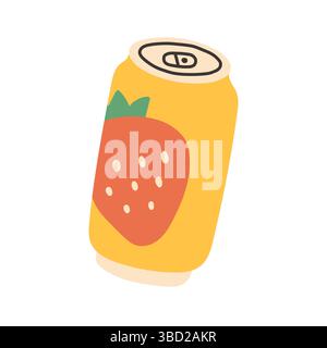Vektor-Illustration einer gelben Soda-Dose mit einer roten Erdbeere darauf. Er ist hell und fröhlich und passt perfekt zu einem Sommer- oder Picknickmotiv Stock Vektor