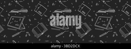 Nahtloses Back-to-School-Muster. Skizzieren Sie handgezeichnete Schulobjekte nahtloses Muster. Schulhintergrund. Schwarzweißzeichnung Stock Vektor