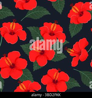 Nahtloses Muster der Blüten-Hibiskus-Blüten. Heller tropischer Hintergrund. Handgezeichnete Vektor-Illustration Stock Vektor