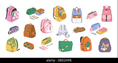 Schulrucksäcke und Bleistiftetuis. Vektor. Stock Vektor