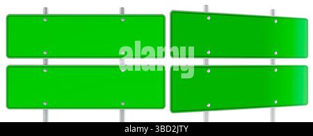 Leere Grüne Richtungsschilder, Rechteckige Form. Vorder- und Seitenansicht. 3D-Rendering isoliert auf weißem Hintergrund Stockfoto