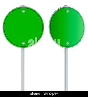 Grüne Kreisschilder. Leer-, Seiten- und Vorderansicht. 3D-Rendering isoliert auf weißem Hintergrund Stockfoto