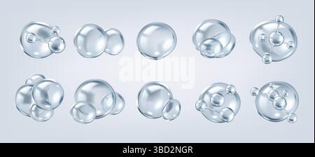 Transparente Blasen mit Kollagenmolekülen realistische Farbsymbole. Kosmetik Hautpflege und Anti-Aging-3D-Objekte bündeln sich auf Grau Stock Vektor