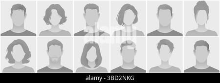 Satz von generischen Graustufen-Profilbildern mit Silhouetten von Männern und Frauen mit verschiedenen Frisuren als Platzhalter oder Avatar defoult Fotomotiv Stock Vektor