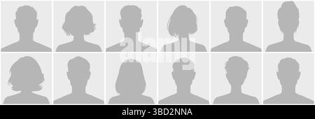 Set aus zwölf Avataren mit Silhouettenprofil und Foto-Platzhalter, männlich und weiblich, in einheitlichen minimalistischen Grautönen. Ideal für Grafiken oder anonyme Bilder Stock Vektor