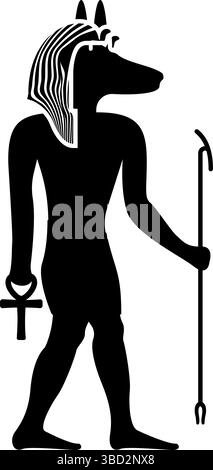 Anubis Gottheit mit Schakalkopf alten ägyptischen Gott hält Stab und Anch Kreuz Silhouette mythische Ikone schwarze Farbe Vektor Illustration Bild flach Stock Vektor