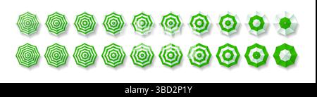 Draufsicht Illustrationsserie mit grünen und weißen Regenschirmen in verschiedenen geometrischen Mustern. Moderner, minimalistischer Stil, geeignet für Sommerthemen oder Designe Stock Vektor