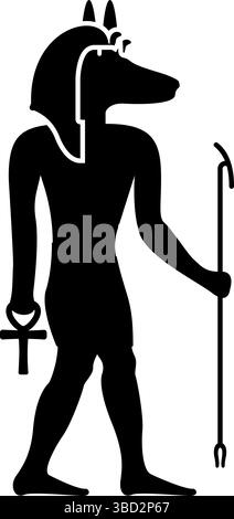 Anubis Gottheit mit Schakalkopf alten ägyptischen Gott hält Stab und Anch Kreuz Silhouette mythische Ikone schwarze Farbe Vektor Illustration Bild flach Stock Vektor