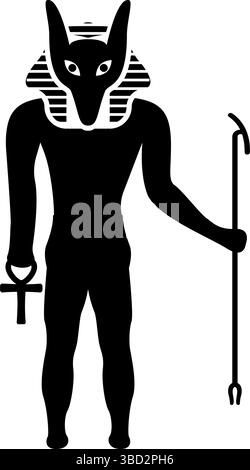 Anubis Gottheit mit Schakalkopf alten ägyptischen Gott hält Stab und Anch Kreuz Silhouette mythische Ikone schwarze Farbe Vektor Illustration Bild flach Stock Vektor