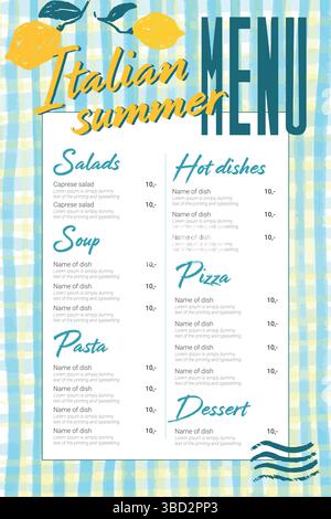 Gelber blauer Gingham Check-Hintergrund für italienisches Menü. Vorlage für Sommerdesign mit Zitronen und Copyspace. Cafe, Restaurant. Grobe Skizze Stock Vektor