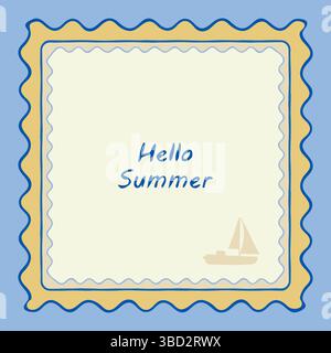 Rahmen, Kritzelwelle, Rand-Set. Handgezeichneter Pinsel, Wellenstrich, blauer marineblauer Hintergrund. Poster mit quadratischer geometrischer Form im Sommer. Text Stock Vektor