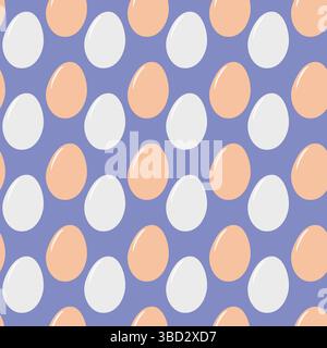 Bunte und verspielte Eier nahtloses Muster Beige und weiße Eier auf blauem Hintergrund Egg Day Fond Idee. Isolierte Vektor-Illustration Gruß Thematische Menükarten festliche Hintergrund Promo Banner, Flugblätter Stock Vektor
