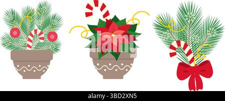 Immergrüne Zweige weihnachtlich dekoriert und Weihnachtsstern festlich fröhliche Weihnachtspflanzen-Dekorationsset. Isolierte Vektor-Illustration Grußkarten, Werbebanner, Flugblätter, Preisschild, Etiketten, Post Stock Vektor