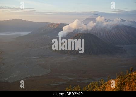 Sonnenaufgang über der nebeligen vulkanischen Landschaft des Mount Bromo in Indonesien, der die raue Schönheit und die heitere Majestät der Natur einfängt Stockfoto