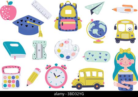 Zurück zur Schule Vektor-Zeichentrickserie mit Symbolen. Stock Vektor