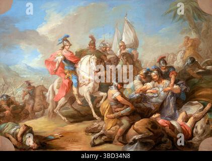 Die Schlacht an der Hydaspes, auch bekannt als Schlacht von Jhelum oder erste Schlacht von Jhelum, wurde zwischen dem Mazedonischen Reich unter Alexander dem Großen und den Pauravas unter Porus im Mai 326 v. Chr. ausgetragen. Es fand am Ufer des Hydaspes in der heutigen Provinz Punjab in Pakistan statt, als Teil von Alexanders Indianerfeldzug. Die mazedonische Armee sicherte sich einen entscheidenden Sieg über die Pauravas und eroberte Porus. Gemalt von Charles-André van Loo Stockfoto