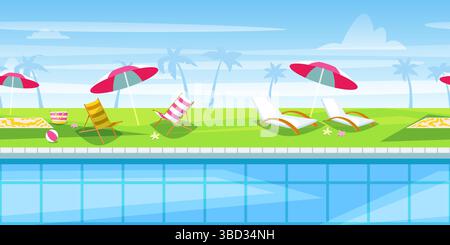 Horizontaler, nahtloser Hintergrund mit Pool-Resort-Landschaft, Sonnenschirmen und Liegestühlen. Vektor flache Zeichentrickillustration. Sommerreisen, Beach Club B Stock Vektor
