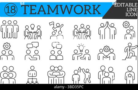 Professional Team Interaction Line Icons Pack – Eine Sammlung minimaler Vektorsymbole, die die emotionale Bindung, Kommunikation, Unterstützung und Produktivität des Teams in Unternehmensteams und Projekten veranschaulichen. Stock Vektor