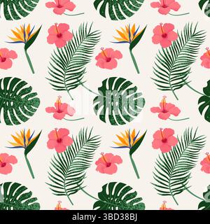 Tropische Blätter und Blumen nahtlos. Vektor-Illustration im trendigen Retro-flachen Stil Stock Vektor