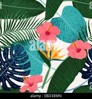 Tropische Blätter und Hibiskus- und Strelitzia-Blüten nahtloses Muster. Heller Sommerhintergrund. Illustration des abgewickelten Vektors Stock Vektor