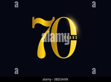 70-jähriges Jubiläum-Logo auf dunklem Hintergrund für Corporate Branding, Business Event, Einladung, Meilenstein-Promo. 70. Nummer Gold Stock Vektor