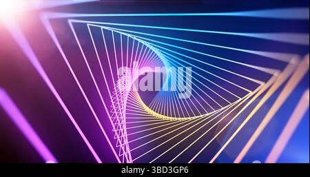 Abstrakter Tunnel neonfarbene Lichter Hintergrund. Hintergrund für inspirierende Videoprojekte, Präsentationen, Berichte, Werbespots und soziale Medien Stockfoto