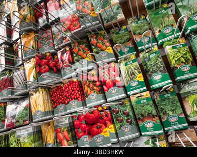 Gartenzentrum Saatgutpackungen, Frühjahrssaat Gemüsesamen Tomaten und Kräuter hängen zum Verkauf „Mr Fothergills“, Surrey Vereinigtes Königreich Stockfoto