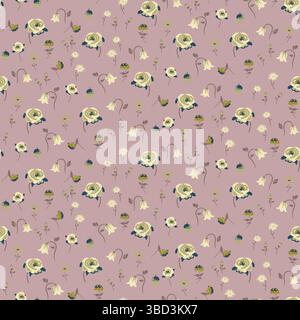 Hintergrund mit Blumenmuster und Wiesenblumen. Blassrosa Hintergrund mit Tulpen und Rosensträußen. Stock Vektor