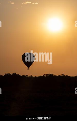 Heißluftballon, der bei Sonnenaufgang über der Masai Mara schwimmt Stockfoto