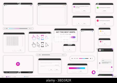 Benutzeroberflächenfenster in modernem Tondesign. Webbrowser für Materialdesign, Video- und Audioplayer, Fehlermeldung und Systemdialogfeld Stock Vektor
