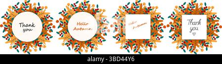 Diese isolierte Vektor-Illustration zeigt handgezeichnete Thanksgiving-Karten mit bezaubernden Herbstmotiven, ideal für Grußkarten, Banner oder Etiketten, die Ihren Projekten eine festliche Note verleihen Stock Vektor
