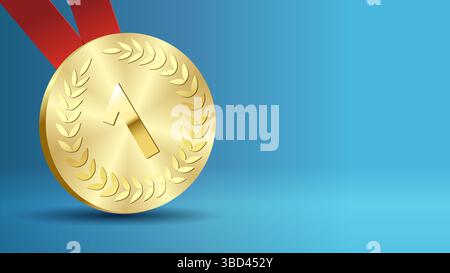 Goldmedaillenpreise Werbespot für Turniersieger. Goldene Vektor-Medaille mit roten Bändern isoliert auf blauem Hintergrund. Der erste Platz Stock Vektor
